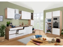 Respekta Premium Küchenzeile Grifflos 395 cm Weiß Hochglanz-Eiche Sägerau