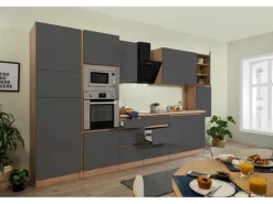 Respekta Premium Küchenzeile Grifflos 385 cm Grau Hochglanz-Eiche Sägerau