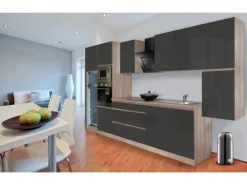 Respekta Premium Küchenzeile Grifflos 385 cm Grau Hochglanz-Eiche Sägerau