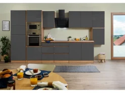 Respekta Premium Küchenzeile Grifflos 385 cm Grau Hochglanz-Eiche Sägerau