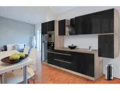 Respekta Premium Küchenzeile Grifflos 385 cm Schwarz Hochglanz-Eiche Sägerau
