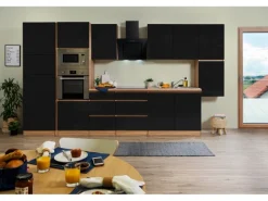Respekta Premium Küchenzeile Grifflos 385 cm Schwarz Hochglanz-Eiche Sägerau