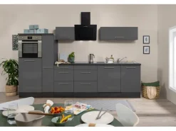 Respekta Premium Küchenzeile 310 cm Hochbau Grau Hochglanz-Eiche Grau