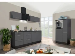 Respekta Premium Küchenzeile 310 cm Hochbau Grau Hochglanz-Eiche Grau