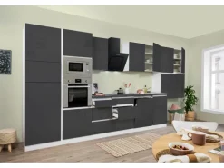 Respekta Premium Küchenzeile Grifflos 445 cm Grau Hochglanz-Weiß