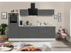 Respekta Premium Küchenzeile 270 cm Hochbau Grau Hochglanz-Weiß