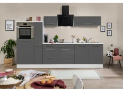 Respekta Premium Küchenzeile 300 cm Hochbau Grau Hochglanz-Weiß