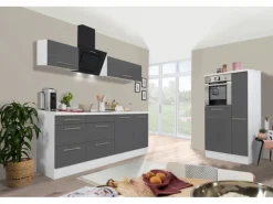 Respekta Premium Küchenzeile 300 cm Hochbau Grau Hochglanz-Weiß