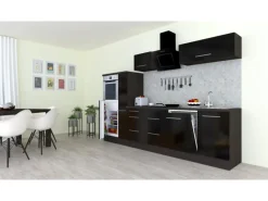 Respekta Premium Küchenzeile 310 cm Hochbau Schwarz Hochglanz-Eiche Grau