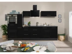 Respekta Premium Küchenzeile 310 cm Hochbau Schwarz Hochglanz-Eiche Grau