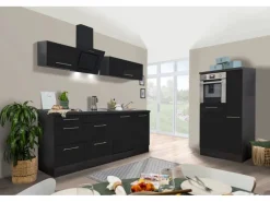 Respekta Premium Küchenzeile 310 cm Hochbau Schwarz Hochglanz-Eiche Grau