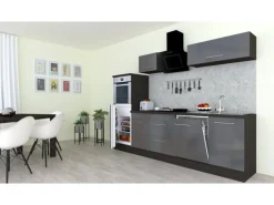 Respekta Premium Küchenzeile 280 cm Hochbau Grau Hochglanz-Eiche Grau