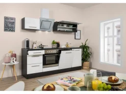 Respekta Premium Küchenzeile 220 cm Weiß Hochglanz-Eiche Grau