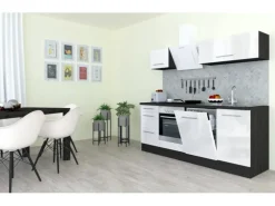 Respekta Premium Küchenzeile 220 cm Weiß Hochglanz-Eiche Grau