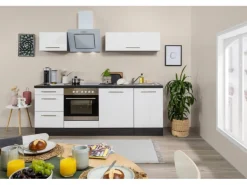 Respekta Premium Küchenzeile 220 cm Weiß Hochglanz-Eiche Grau