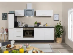 Respekta Premium Küchenzeile 250 cm Weiß Hochglanz-Eiche Grau