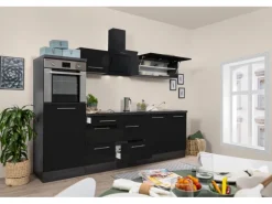 Respekta Premium Küchenzeile 270 cm Hochbau Schwarz Hochglanz-Eiche Grau