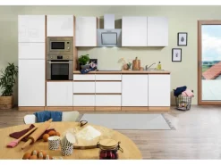 Respekta Premium Küchenzeile Grifflos 345 cm Weiß Hochglanz-Eiche Sägerau