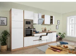 Respekta Premium Küchenzeile Grifflos 345 cm Weiß Hochglanz-Eiche Sägerau