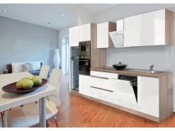 Respekta Premium Küchenzeile Grifflos 345 cm Weiß Hochglanz-Eiche Sägerau