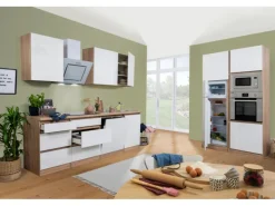 Respekta Premium Küchenzeile Grifflos 345 cm Weiß Hochglanz-Eiche Sägerau