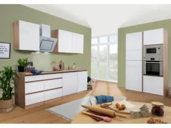 Respekta Premium Küchenzeile Grifflos 345 cm Weiß Hochglanz-Eiche Sägerau