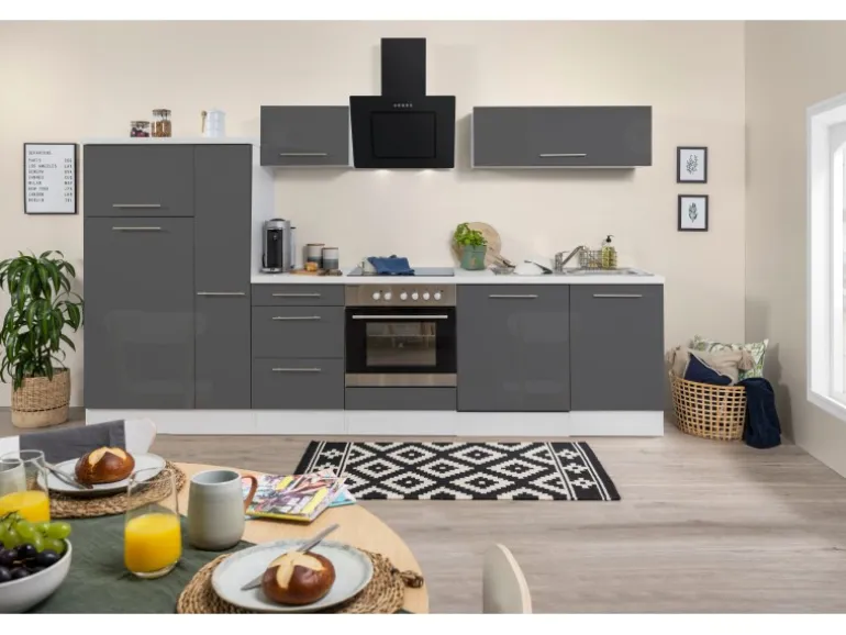 Respekta Premium Küchenzeile 310 cm Grau Hochglanz-Weiß