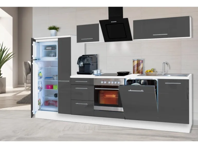 Respekta Premium Küchenzeile 310 cm Grau Hochglanz-Weiß