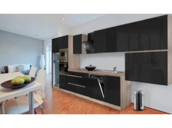 Respekta Premium Küchenzeile Grifflos 445 cm Schwarz Hochglanz-Eiche Sägerau