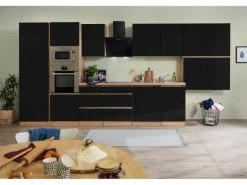 Respekta Premium Küchenzeile Grifflos 445 cm Schwarz Hochglanz-Eiche Sägerau