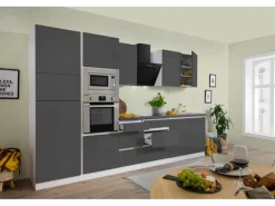 Respekta Premium Küchenzeile Grifflos 335 cm Grau Hochglanz-Weiß