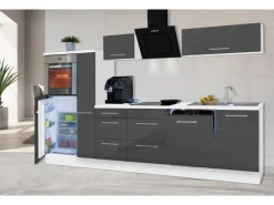 Respekta Premium Küchenzeile 310 cm Hochbau Grau Hochglanz-Weiß