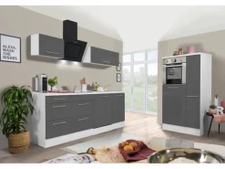 Respekta Premium Küchenzeile 310 cm Hochbau Grau Hochglanz-Weiß