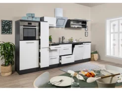 Respekta Premium Küchenzeile 310 cm Hochbau Weiß Hochglanz-Eiche Grau