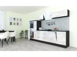 Respekta Premium Küchenzeile 310 cm Hochbau Weiß Hochglanz-Eiche Grau