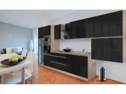 Respekta Premium Küchenzeile Grifflos 435 cm Schwarz Hochglanz-Eiche Sägerau