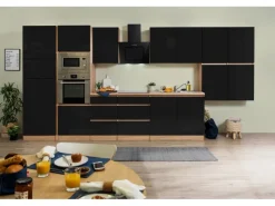 Respekta Premium Küchenzeile Grifflos 435 cm Schwarz Hochglanz-Eiche Sägerau