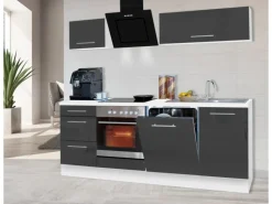 Respekta Premium Küchenzeile 220 cm Grau Hochglanz-Weiß