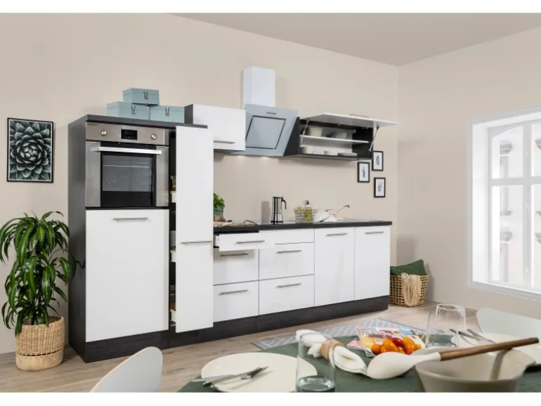 Respekta Premium Küchenzeile 300 cm Hochbau Weiß Hochglanz-Eiche Grau