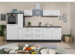 Respekta Premium Küchenzeile 300 cm Hochbau Weiß Hochglanz-Eiche Grau