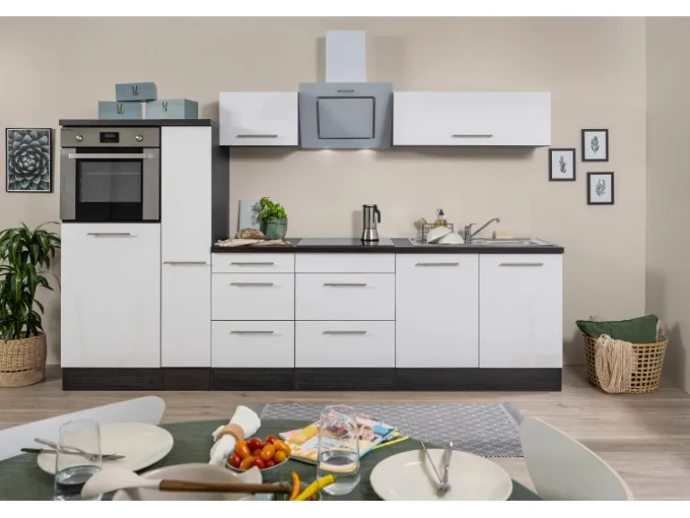 Respekta Premium Küchenzeile 300 cm Hochbau Weiß Hochglanz-Eiche Grau