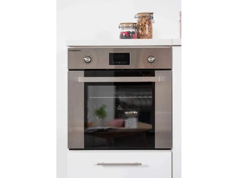 Respekta Premium Küchenzeile 300 cm Hochbau Weiß Hochglanz-Eiche Grau