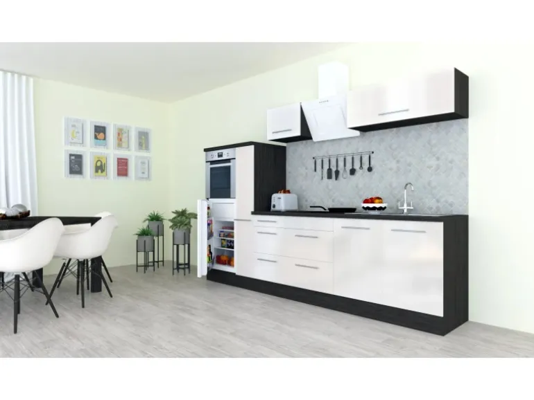 Respekta Premium Küchenzeile 300 cm Hochbau Weiß Hochglanz-Eiche Grau