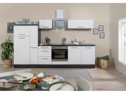 Respekta Premium Küchenzeile 300 cm Weiß Hochglanz-Eiche Grau