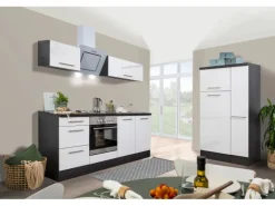 Respekta Premium Küchenzeile 300 cm Weiß Hochglanz-Eiche Grau