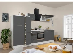 Respekta Premium Küchenzeile 300 cm Grau Hochglanz-Weiß