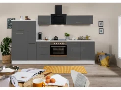 Respekta Premium Küchenzeile 300 cm Grau Hochglanz-Weiß