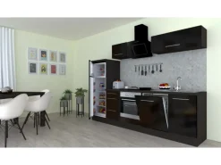 Respekta Premium Küchenzeile 280 cm Schwarz Hochglanz-Eiche Grau
