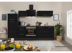 Respekta Premium Küchenzeile 280 cm Schwarz Hochglanz-Eiche Grau