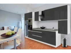 Respekta Premium Küchenzeile Grifflos 385 cm Grau Hochglanz-Weiß